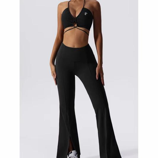 V-Neck Strappy Top & Slit Flare Leggings Set