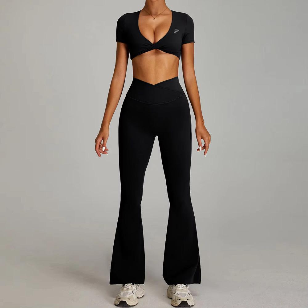 Cross-Front Crop Top & Flare Leggings Set