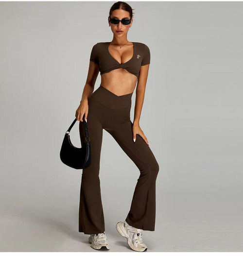 Cross-Front Crop Top & Flare Leggings Set