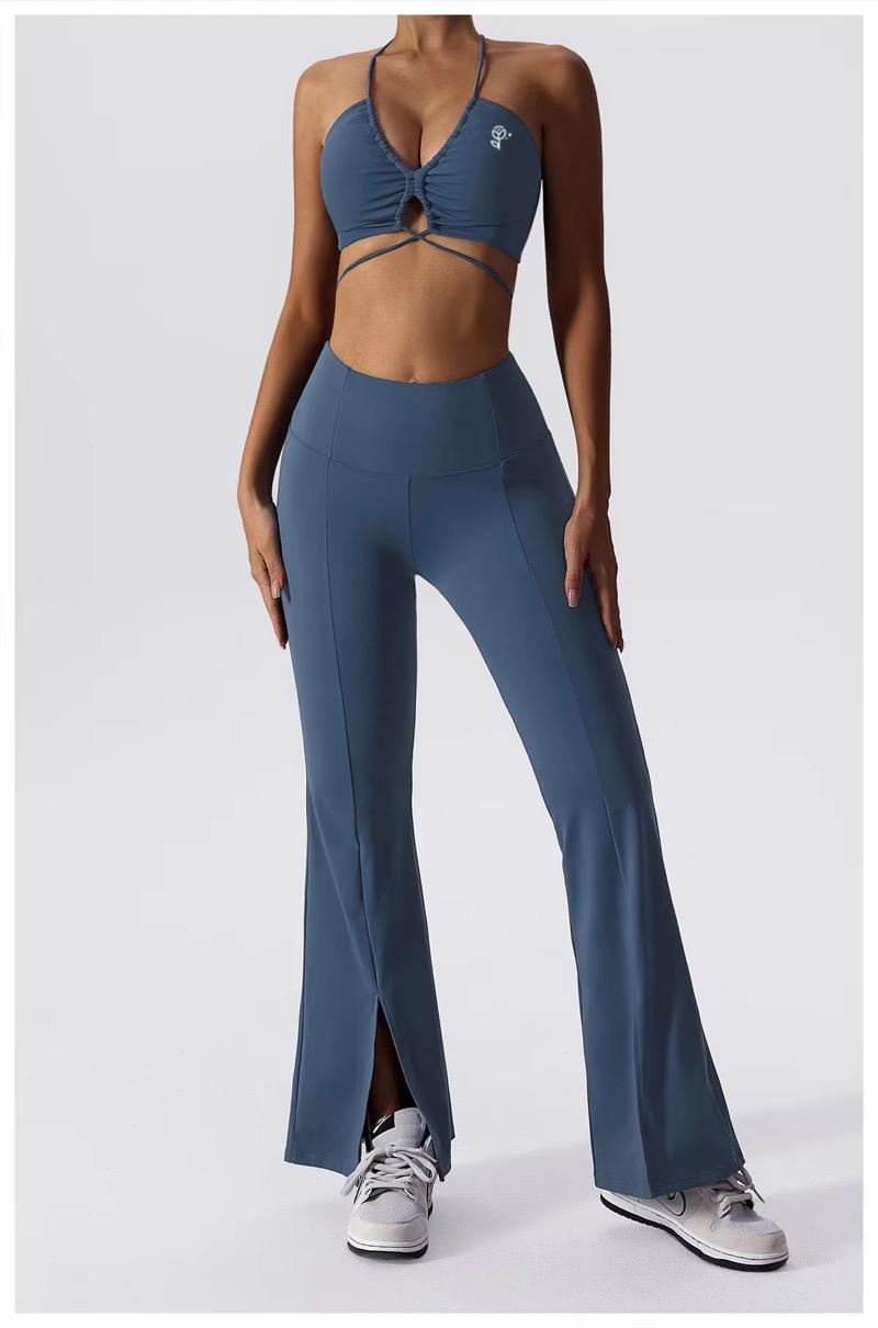 V-Neck Strappy Top & Slit Flare Leggings Set